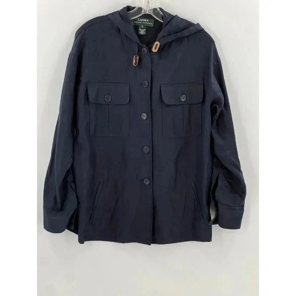 Lauren Ralph Lauren Jacket Navy 100% Linen Hooded Button Cinch Waist Pockets MED - Picture 1 of 10